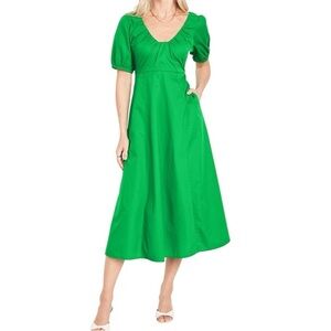 Old Navy Puff Sleeve Chambray Midi Dress Green Small Petite